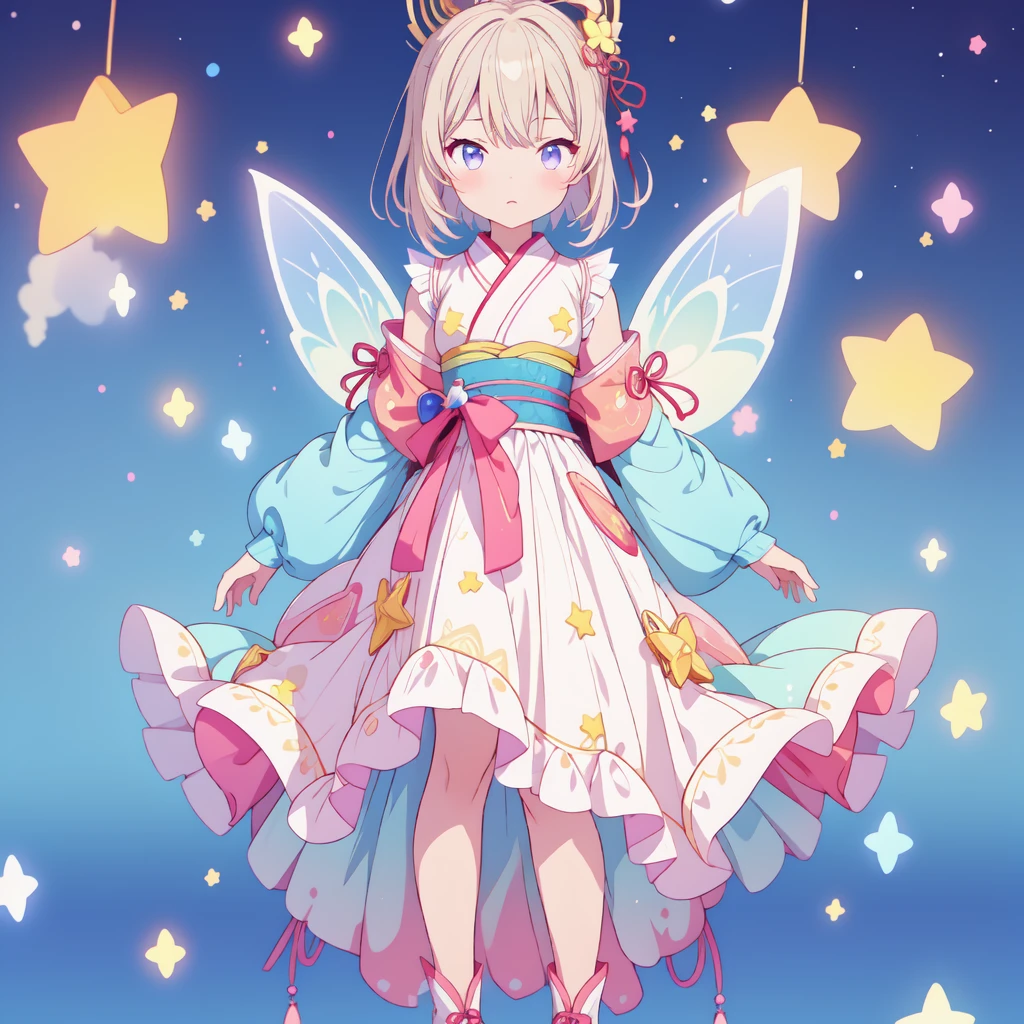 1girl、vtuber-fullbody、Star Fairy、masterpiece、official art、Super detailed、super beautiful、かわいいStar Fairy、white straight short hair、Milky Way、universe、star charm、star、、Knee-high boots、Japanese pattern dress、A beautiful girl wearing black and white clothes that are a remake of a yukata.、universeを思わせるOiranフリルドレス、Oiran