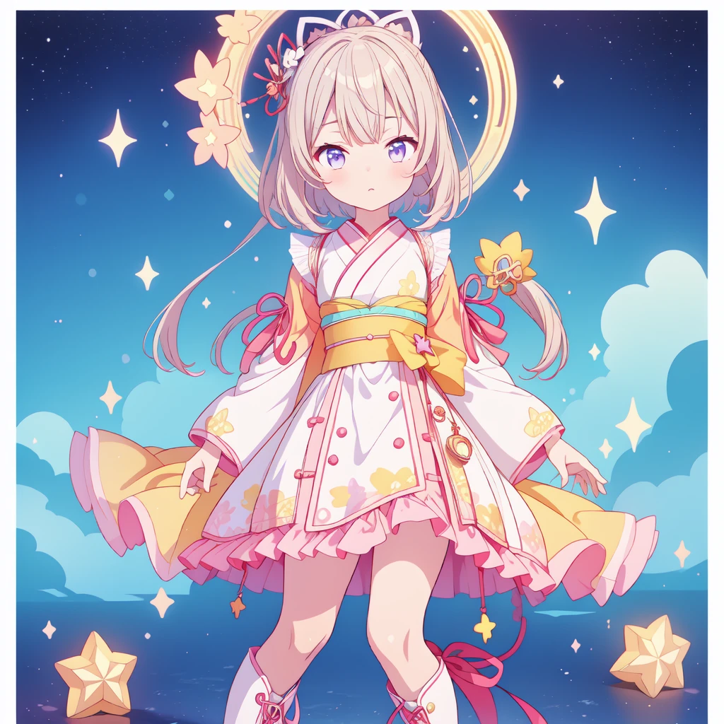 1girl、vtuber-fullbody、Star Fairy、masterpiece、official art、Super detailed、super beautiful、かわいいStar Fairy、white straight short hair、Milky Way、universe、star charm、star、、Knee-high boots、Japanese pattern dress、A beautiful girl wearing black and white clothes that are a remake of a yukata.、universeを思わせるOiranフリルドレス、Oiran