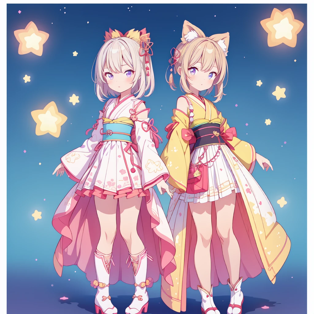 1girl、vtuber-fullbody、Star Fairy、masterpiece、official art、Super detailed、super beautiful、かわいいStar Fairy、white straight short hair、Milky Way、universe、star charm、star、baby face、Knee-high boots、Japanese pattern dress、A beautiful girl wearing black and white clothes that are a remake of a yukata.、universeを思わせるOiranフリルドレス、Oiran