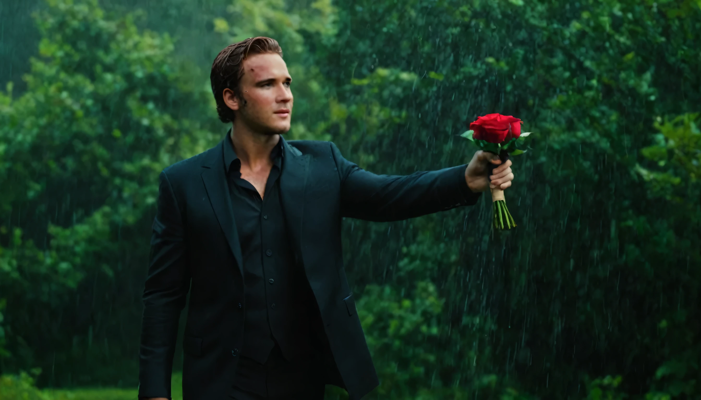 (a man, well-dressed:1.1), (flaming,burning,igniting,catching fire:1.1), (a bouquet of roses, vibrant red roses:1.1),(rain,falling down from the sky:1.1), (cinematographic:1.2), (best quality,4k,highres:1.2), (vivid colors), (dramatic lighting) Notice：Use metaphors whenever possible、Adjectives and verbs to describe the scene，Do not output complete sentences and explanations。