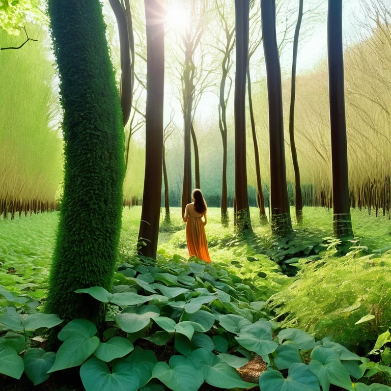 a brunette woman stands at the edge of a vast forest, des arbres imposants bloquent toutes les traces de soleil., soudain  un petit espace, dans la canopée, un faisceau d'éclat doré, filtre sur le sol,  a clearing filled with vibrant greenery, climbing plants clinging to tree trunks like ivy, des plaques de mousses couvre le sol, The air is thick with humidity and rich earthy scents, a feeling of peace and wonder comes over you