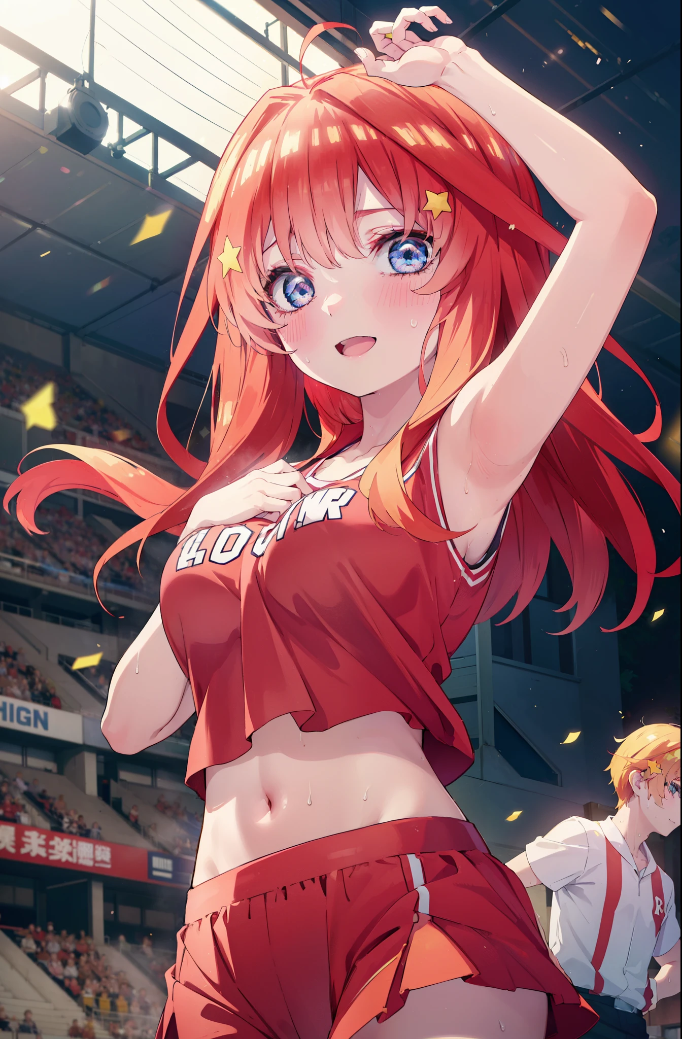 itsukinakano, itsuki nakano, bangs, blue eyes, hair between eyes, Ahoge, redhead, star \(symbol\), happy smile, smile, open your mouth,hair ornaments, star hair ornaments,(cheer leading), (whole body), big breasts, lower, (sweaty), sweaty Wet Clothes (red clothes),  Navel support, playground, (jump), (jump), 足を曲げてjumpする, air, blue sky, Grass原, smile,Cheerleader, Pon-pon with both hands \(cheer leading\)have, Grass, 
break outdoors, stadium,
break looking at viewer, (cowboy shot:1.5),
break (masterpiece:1.2), highest quality, High resolution, unity 8k wallpaper, (figure:0.8), (detailed and beautiful eyes:1.6), highly detailed face, perfect lighting, Very detailed CG, (perfect hands, perfect anatomy),