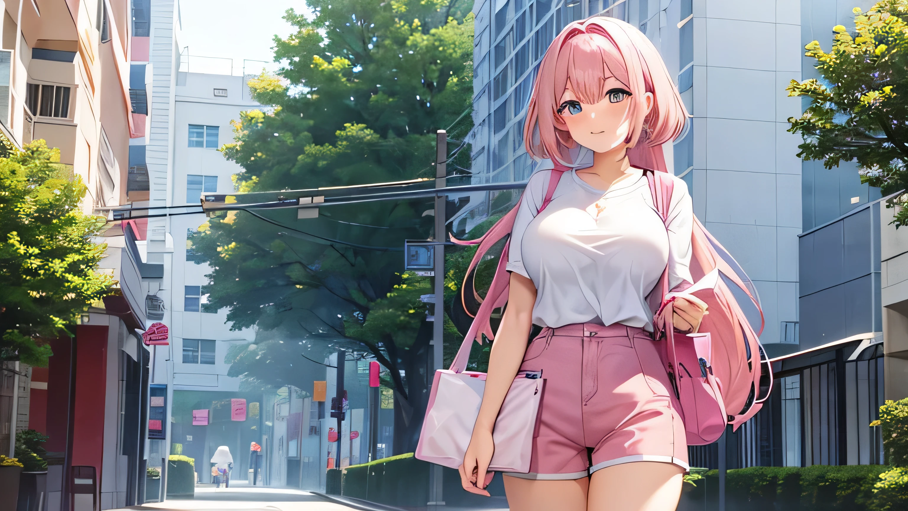 anime、pink hair、big breasts、valley、white shirt、pink shorts、one person、Shoulder bag、In town、fold your arms
