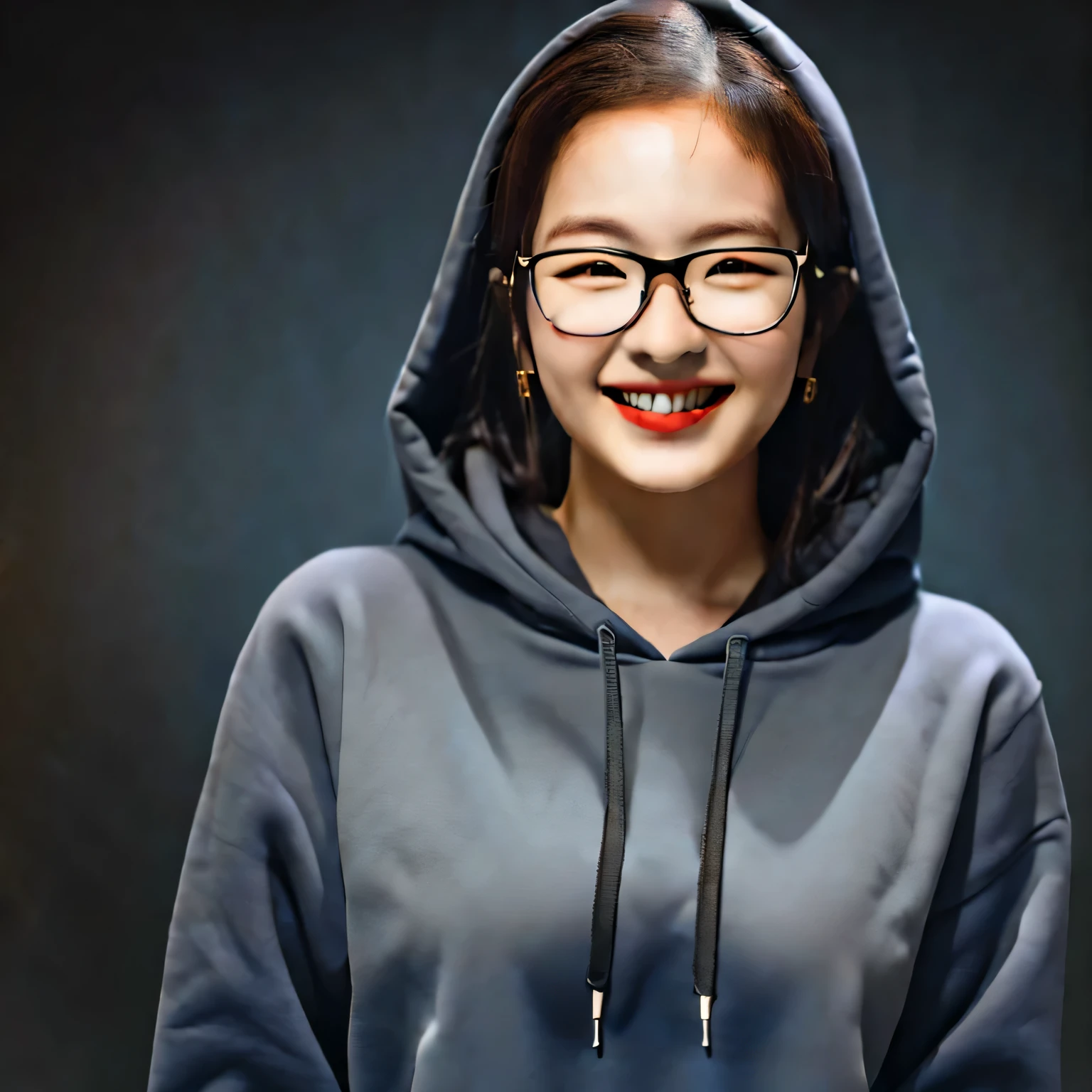 Masterpiece: 1.5), (Best Quality: 1.5), High Resolution, Highly Detailed, 3DMM, A girl Asia,, Soloist, Hoodie, Leader, Wearing Glasses, Smile Performance of Future Technology, Dark Gray Background, best lighting