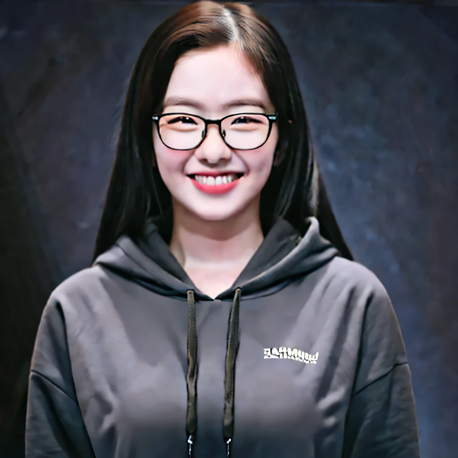 Masterpiece: 1.5), (Best Quality: 1.5), High Resolution, Highly Detailed, 3DMM, A girl Asia,, Soloist, Hoodie, Leader, Wearing Glasses, Smile Performance of Future Technology, Dark Gray Background, best lighting