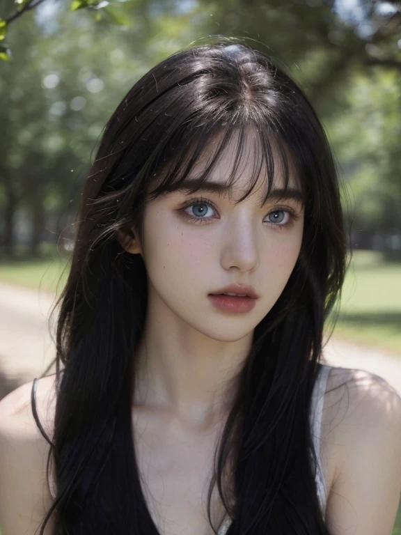 ( masterpiece, top quality, best quality,8k,17 years old girl,ultra detailed,raw photo:1.5),(photorealistic:1.4), (long hair,messy hair,parted bangs, black hair:1.5), (cinematic lighting), PerfectNwsjMajic, , Surrealism, UHD, ccurate, Super detail, textured skin, High detail, Best quality, dynamic angle, White skin,[Beautiful blue eyes], high nose,[flat chest:large breasts:0.5],(1girl),(good anatomy:0.5)),(outside )