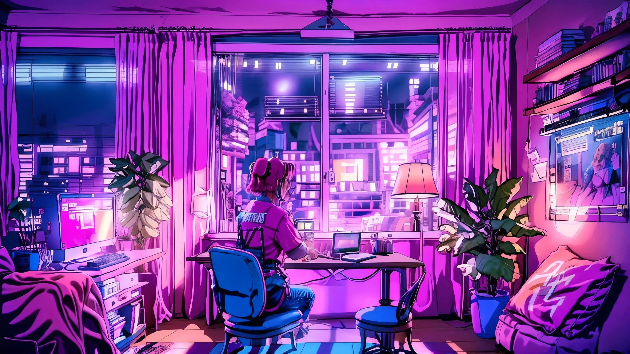 Girls are traders, pink theme, style anime, Computer, living room, in the Computer screen is chart stock night light , (very detailed:1.2), (warm light:1.2), table top, surreal,32k, very detailed CG Unity 8K 壁紙, highest quality  (table top,highest quality:1.5)