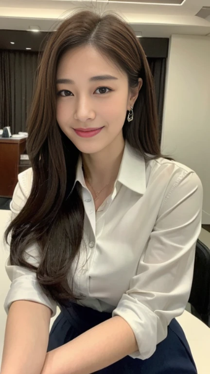((highest quality, 8K, masterpiece, portrait: 1.3)), (looking at the viewer), (full shot:0.85), attractive business mature woman, 1 person, a little chubby:0.35, white collared shirt, gray skirt,((big breasts 2.2)) (big pelvis:0.3), (officeの机にあぐらをかいて座っている)), smile:0.2, president'office,good posture、brown hair medium long、gentle smile、