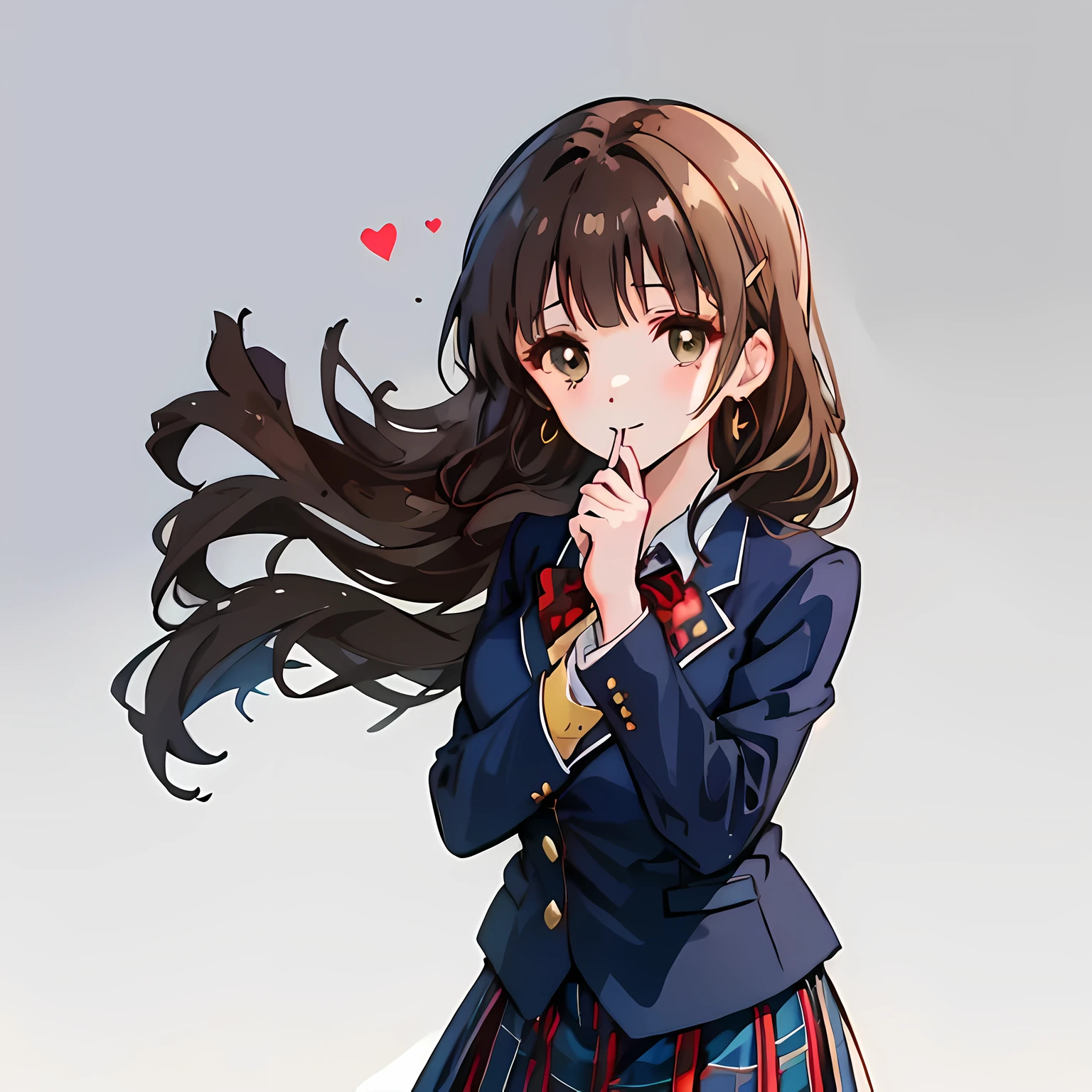 highest quality, (masterpiece:1.2), High resolution, perfect pixel,３Goddess of human love, 16 years old, (((big very detailed beautiful dark brown eyes))), ((girly large wine-red glossy polyester Japanese school ribbon bow tie)), ((((very beautiful long straight straight hair)))), ((((dark blue & deep navy colored tartan checkered formal skirt)))), ((A formal dark blue blazer that is slightly oversized and has an emblem on the left chest.)), Very fun, laughing, the skirt is so cute, detailed fingers, modest chest, ((curled bangs)), ((Lip balm)), so beautiful, long eyelashes, (((Covering your mouth with your hands))), ((Showing viewers the beauty of straight hair)), ((very big girly hair ribbons)), ((Impressive and very beautiful eyes)), double eyelids, Lovely heart-shaped golden earrings, very kind face, The whole background exudes the love of the goddess., Inviting viewers to faith