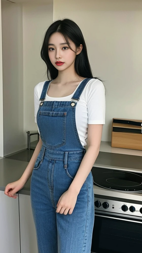 araffe woman in overalls standing in a kitchen with a pot on the stove, with short hair, gorgeous chinese model, photo of slim girl model, gorgeous young korean woman, in the kitchen, beautiful south korean woman, photo of slim girl, casual pose, japanese model, 2 4 year old female model, beautiful young korean woman, shot on nikon z9