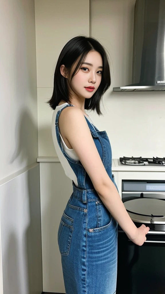 araffe woman in overalls standing in a kitchen with a pot on the stove, with short hair, gorgeous chinese model, photo of slim girl model, gorgeous young korean woman, in the kitchen, beautiful south korean woman, photo of slim girl, casual pose, japanese model, 2 4 year old female model, beautiful young korean woman, shot on nikon z9