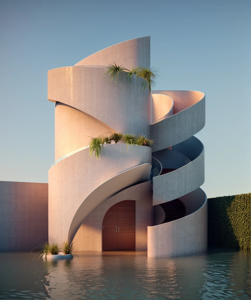 exterior house, pink color, glass, plant, curve house, curve wall, spiral staire, plant around the building, ((realistic photo)), RAW photo, sunlight, day light, sky, corona render, sharper photo, details texture, details plant, (masterpiece, top quality, best quality, official art, beautiful and aesthetic:1.2),(8k, best quality, masterpiece:1.2),CGgameC4D bsw, no humans, C4D,