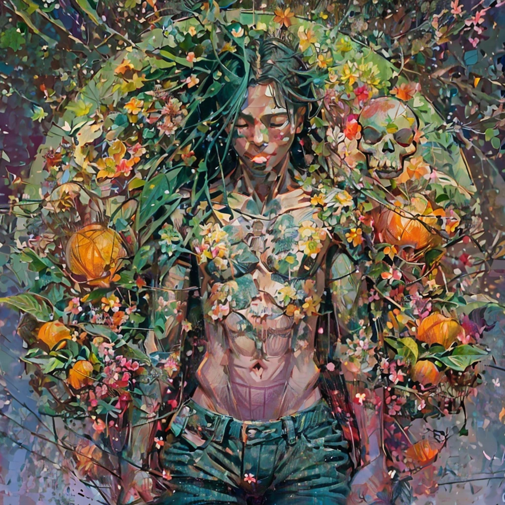 ((Modern metropolis in colors, cybernetic landscape in colors)). ((1 guy with an open face), (full height, slim muscular)).((young long black hair), (green:1.5, orange:1.1, white:1.3, yellow: 1.3 ), (rapper with dreadlocks), (tattoos), (naked parts of the body), (down jacket: 1,2), (Jacket on a naked body, torso, abs), (stylish jeans)). ((skulls, flowers, fruits),(fractal, Cherry blossoms, green leaves, Fog, background of circles)).((Ideal, beautiful), (pictorial background, broad strokes, attention to detail of the figure, flowers)). ((background octane render trending on artstation), (8k fine art photography, photorealistic concept art), (soft natural volumetric cinematic perfect light, chiaroscuro, award winning photography), (masterpiece)).