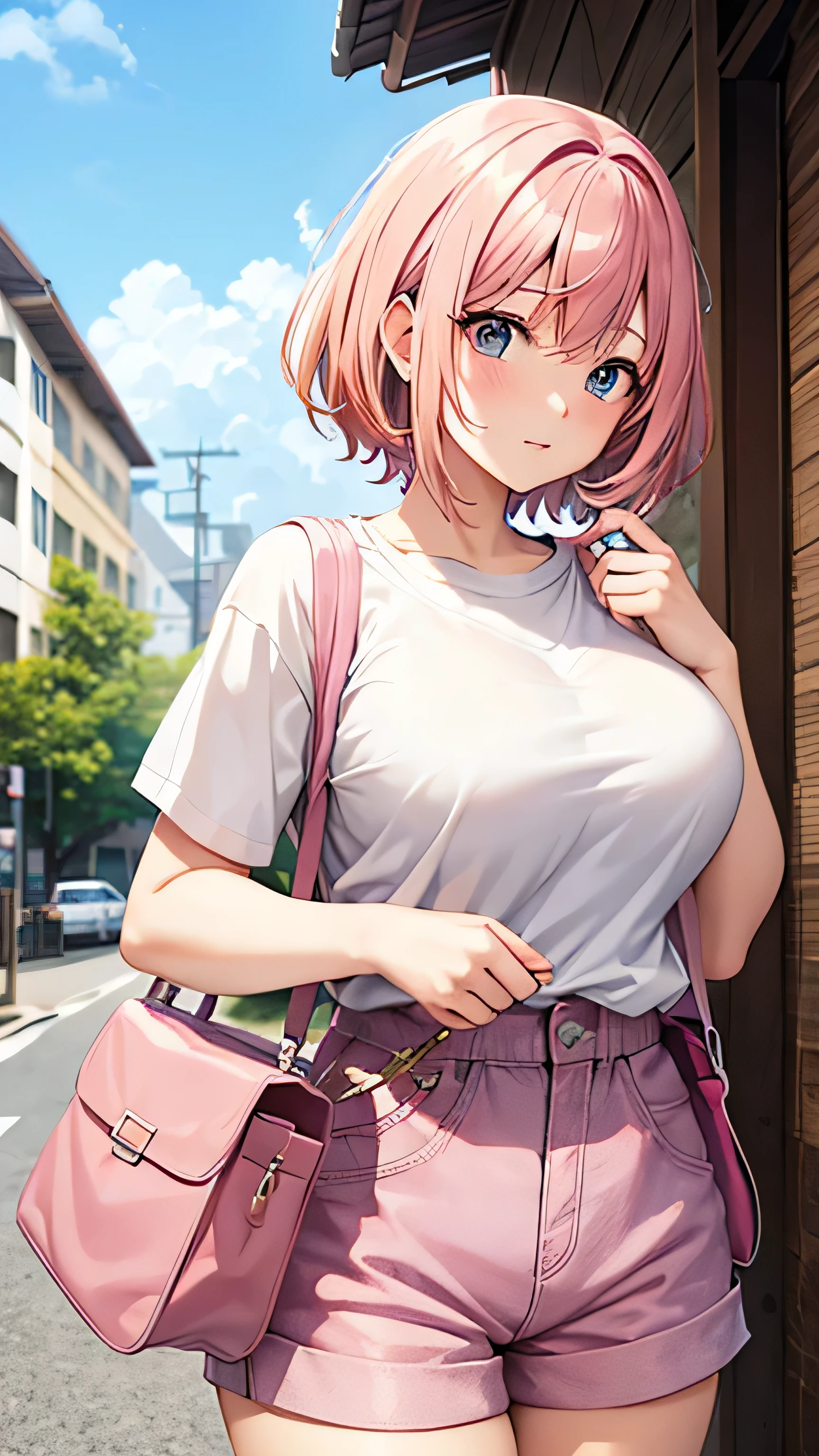 anime、pink hair、big breasts、valley、white shirt、pink shorts、one person、Shoulder bag、In town、rub your chest