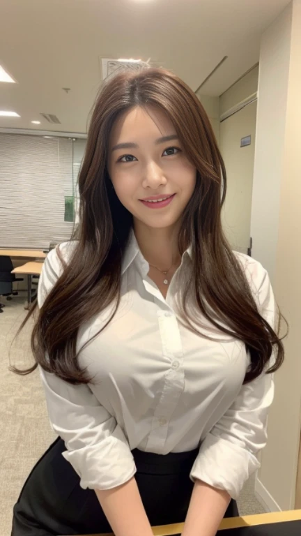 ((highest quality, 8K, masterpiece, portrait: 1.3)), (looking at the viewer), (full shot:0.85), attractive business mature woman, 1 person, a little chubby:0.35, white collared shirt, gray skirt,((big breasts 2.2)) (big pelvis:0.3), (officeの机にあぐらをかいて座っている)), smile:0.2, president'office,good posture、brown hair medium long、gentle smile、