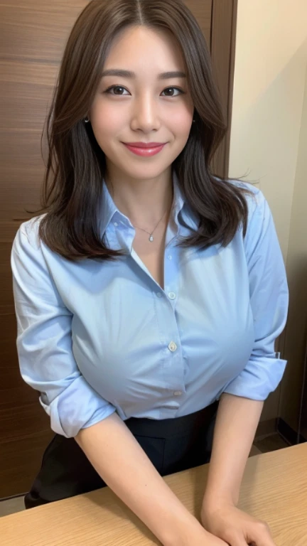 ((highest quality, 8K, masterpiece, portrait: 1.3)), (looking at the viewer), (full shot:0.85), attractive business mature woman, 1 person, a little chubby:0.35, white collared shirt, gray skirt,((big breasts 2.2)) (big pelvis:0.3), (officeの机にあぐらをかいて座っている)), smile:0.2, president'office,good posture、brown hair medium long、gentle smile、