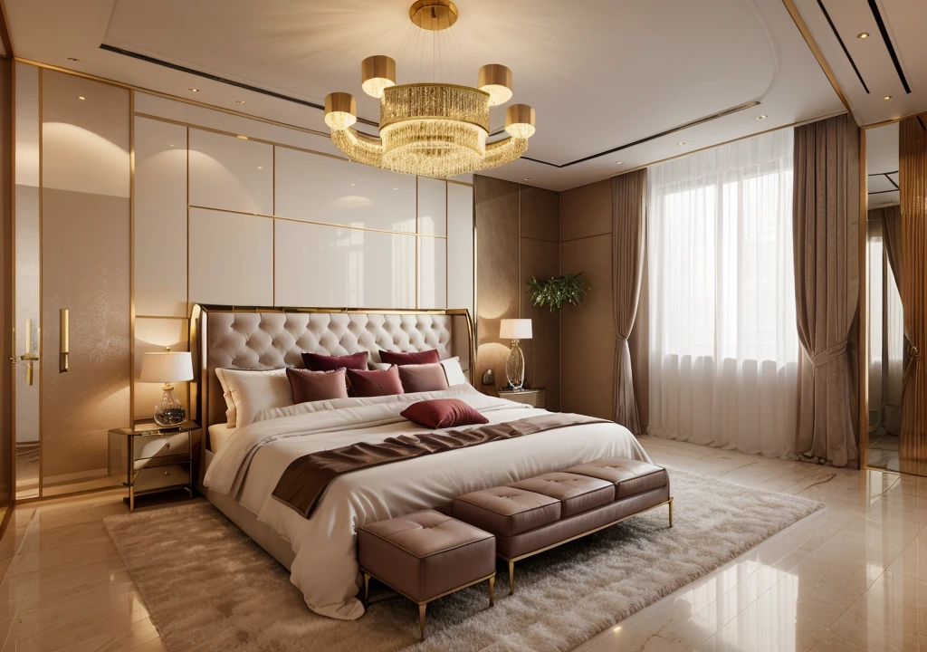 bedroom, interior, luxury interior, masterpiece, high quality, realistic, elegant, nice indoor lighting, vivid color scheme,