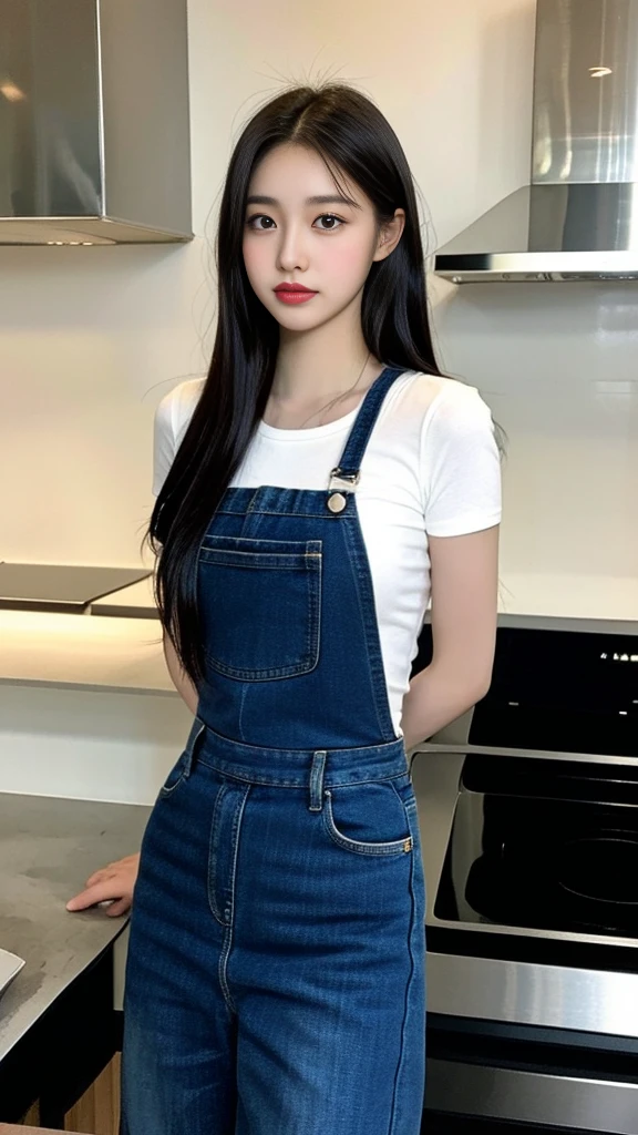araffe woman in overalls standing in a kitchen with a pot on the stove, with short hair, gorgeous chinese model, photo of slim girl model, gorgeous young korean woman, in the kitchen, beautiful south korean woman, photo of slim girl, casual pose, japanese model, 2 4 year old female model, beautiful young korean woman, shot on nikon z9