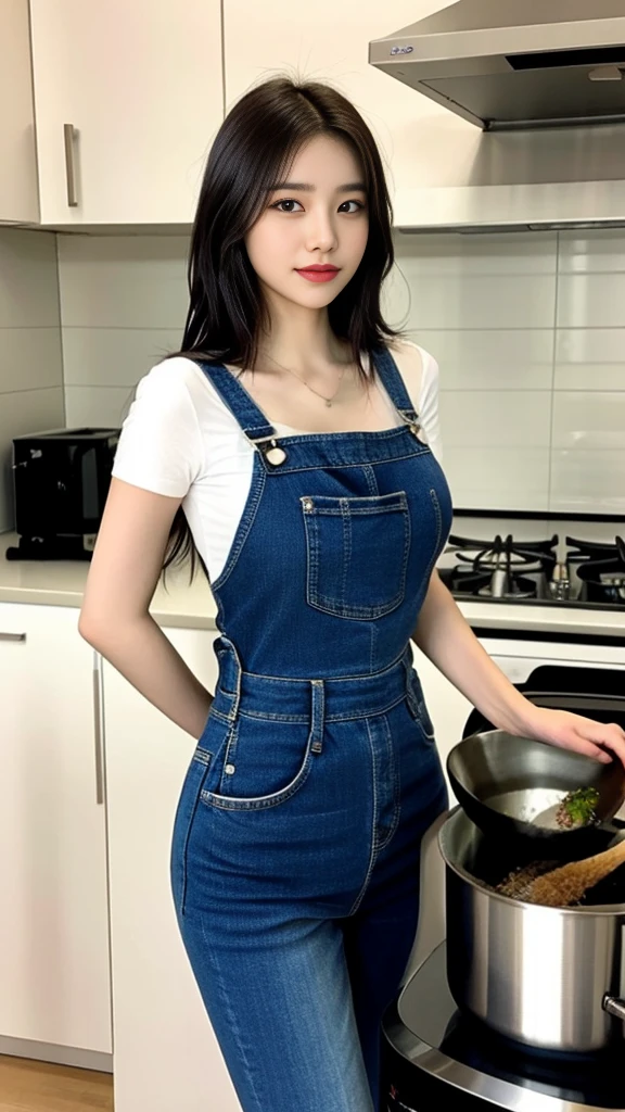 araffe woman in overalls standing in a kitchen with a pot on the stove, with short hair, gorgeous chinese model, photo of slim girl model, gorgeous young korean woman, in the kitchen, beautiful south korean woman, photo of slim girl, casual pose, japanese model, 2 4 old female model, beautiful young korean woman, shot on nikon z9
