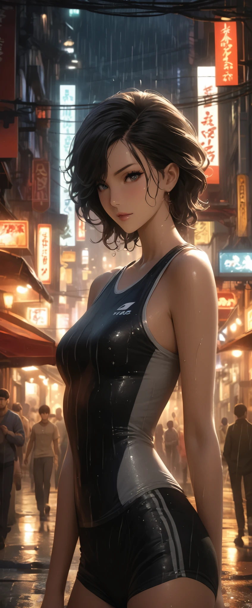 rainy night,City,In the bustling streets of Gintama，Wear sportswear、Beautiful girl wearing spicy makeup, surrounded by traders, Beautiful portrait of a stunning goddess girl, Beautiful and delicate face, porcelain skin, full-body shot, center, super soft lighting, symmetry, complex, elegant, Very detailed, lifelike, art station, concept art, Smooth, As imagined by Greg Rutkowski and Borris Vallejo, cover, trendy style