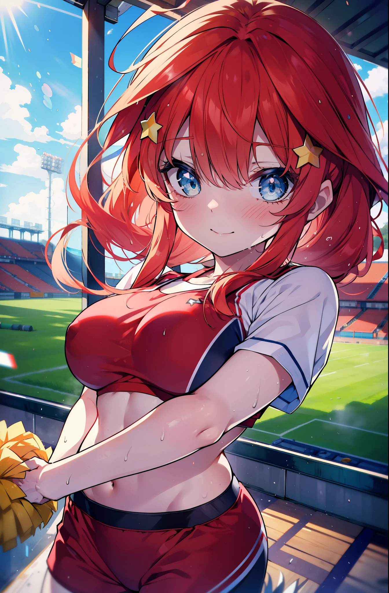 itsukinakano, itsuki nakano, bangs, blue eyes, hair between eyes, Ahoge, redhead, star \(symbol\), happy smile, smile, open your mouth,hair ornaments, star hair ornaments,(cheer leading), (whole body), big breasts, lower, (sweaty), sweaty Wet Clothes,()red clothes), , Navel support, playground, (jump), (jump), 足を曲げてjumpする, air, blue sky, Grass原, Smiling Cheerleader, pom pom \(cheer leading\), Grass,
break outdoors, stadium,
break looking at viewer, (cowboy shot:1.5),
break (masterpiece:1.2), highest quality, High resolution, unity 8k wallpaper, (figure:0.8), (detailed and beautiful eyes:1.6), highly detailed face, perfect lighting, Very detailed CG, (perfect hands, perfect anatomy),