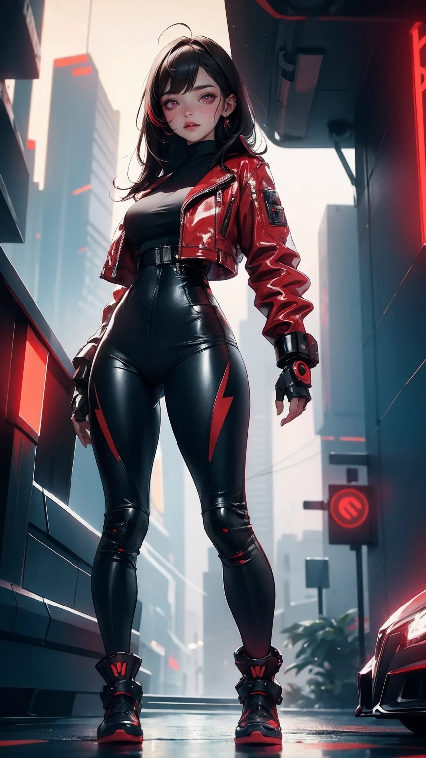 Cute Girl, masterpiece,(bestquality),highlydetailed,ultra-detailed,1 girl,(black and red tones),(mechanical),(cool),(biodesign),(cyborg),(biomechanics),long black hair with red highlights,(metallic skin),(glowing red eyes),(cybernetic limbs),(wires and tubes),(futuristic outfit),(leather jacket),(combat boots),(in a cyberpunk city with neon lights),(holding a gun),(looking confident and fierce)