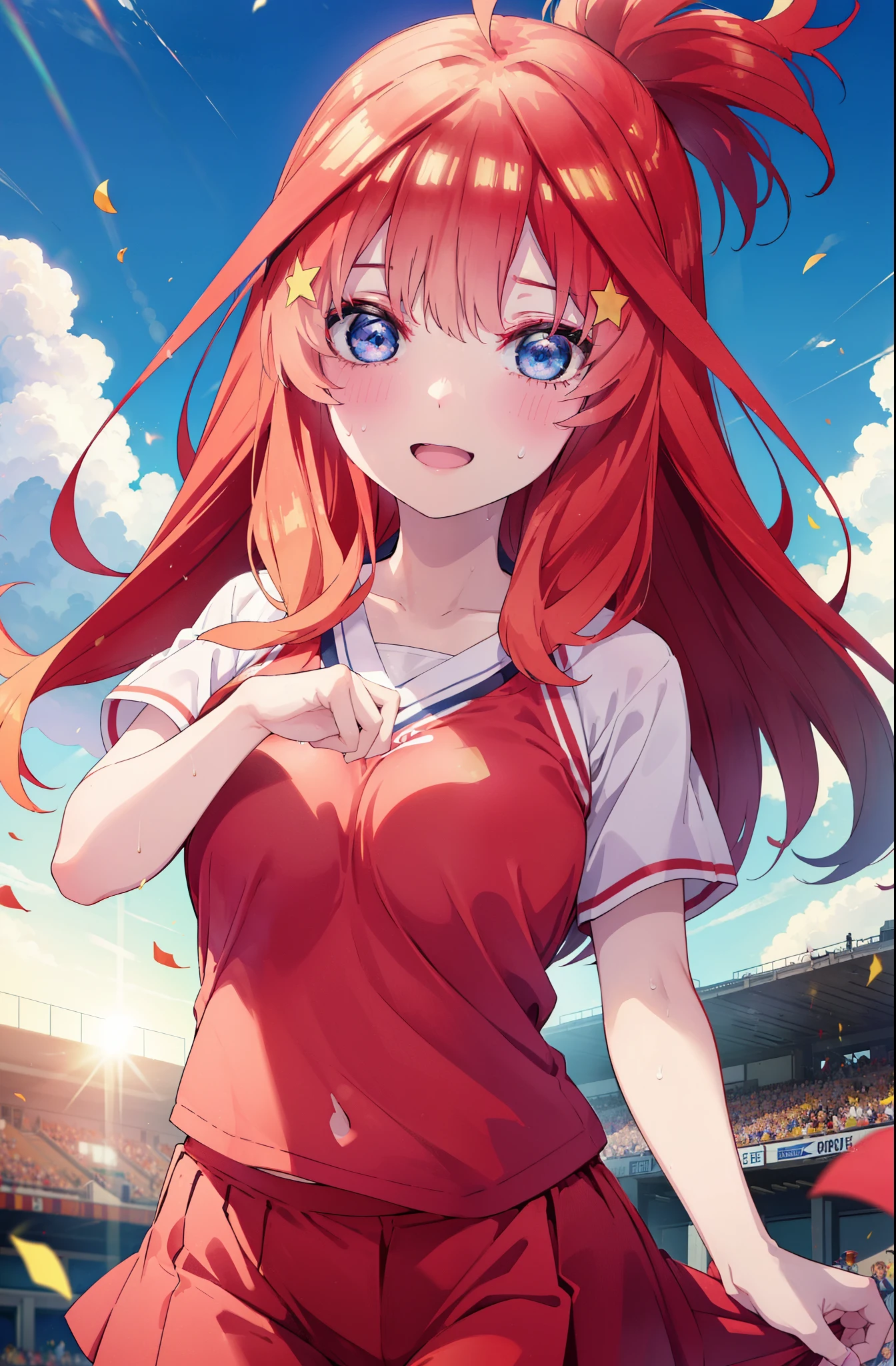 itsukinakano, itsuki nakano, bangs, blue eyes, hair between eyes, Ahoge, redhead, star \(symbol\), happy smile, smile, open your mouth,hair ornaments, star hair ornaments,(cheer leading), (whole body), big breasts, lower, (sweaty), sweaty Wet Clothes (red clothes), Navel support, playground, (jump), (jump), 足を曲げてjumpする, air, blue sky, Grass原, smile,Cheerleader, Pon-pon with both hands \(cheer leading\)have, Grass,
break outdoors, stadium,
break looking at viewer, (cowboy shot:1.5),
break (masterpiece:1.2), highest quality, High resolution, unity 8k wallpaper, (figure:0.8), (detailed and beautiful eyes:1.6), highly detailed face, perfect lighting, Very detailed CG, (perfect hands, perfect anatomy),
