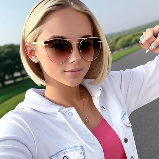 very beautiful young blonde girl in sunglasses,topic,himself,jeans 👖,White sneakers,takes a selfie 🤳