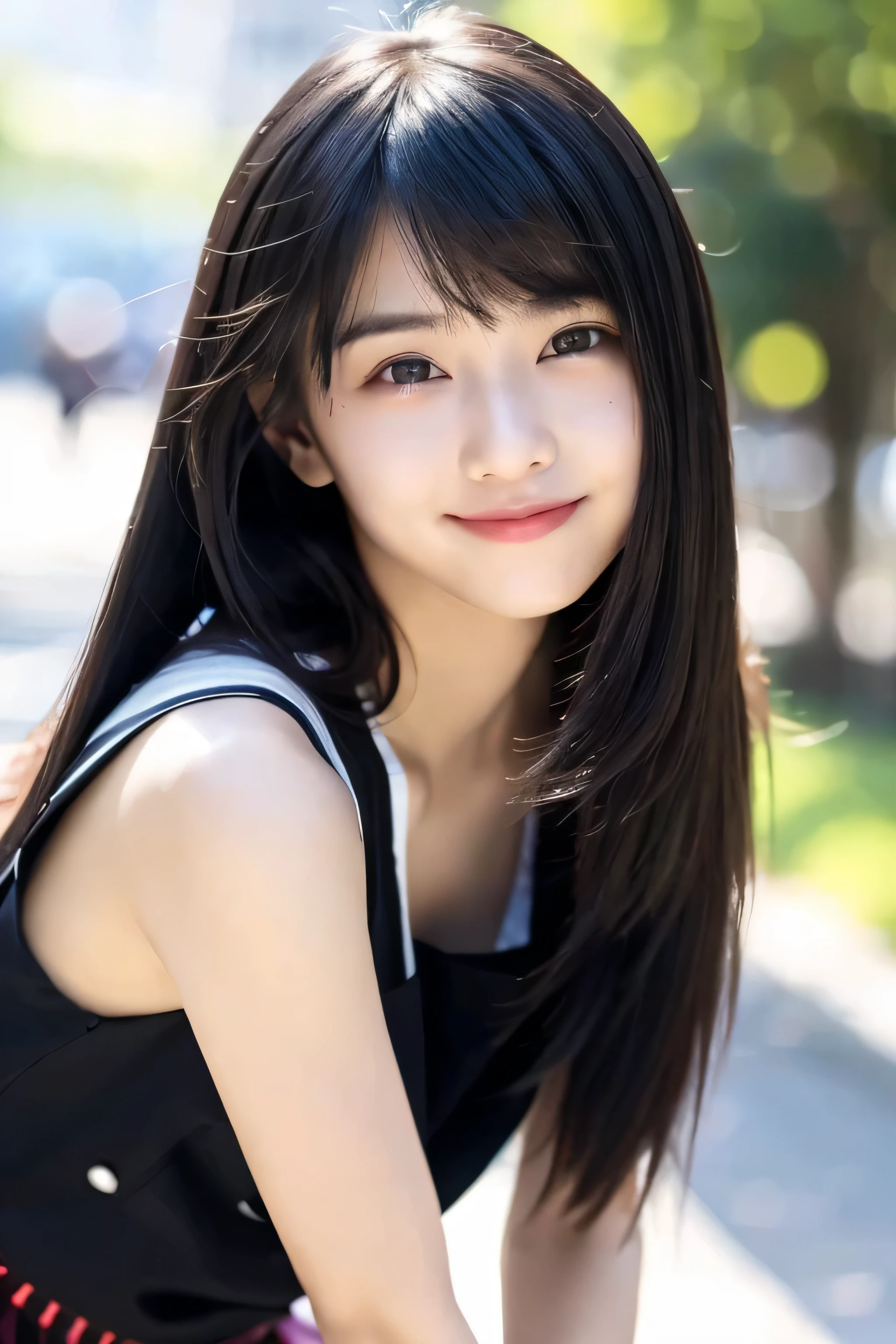 
((highest quality)), ((masterpiece)), (be familiar with)　((whole body))　one person　((Swayback stance))　(full body)　The hairstyle is(Blunt Bangs)　long black shiny hair, very long black hair, shiny long hair, Thick, shiny black hair, The woman has long black hair, black silky hair, long black hair, long black hair, black long hair, her hair is long and straight, long and thin black hair, detailed long black hair　long black hair, long black hair, black long hair I&#39;m on a rock overlooking the blue ocean with bright sunlight Beautifull detailed face　8K　(actual, lively:1.4), professional lighting　double eyelid、chest to chest、sharp focus:1.2、Beautiful woman:1.4　(Impish Smile　Mischievous、A slightly devilish smile)
She is an 18 year old high school girl　　The correct five fingers in human anatomy
