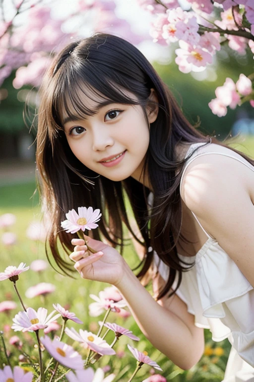 A 19-year-old woman wearing a sheer white camisole, beautiful face、Holding a cosmos flower in hand、like々Beautiful Japanese wo grassy field、4kimage quality、looking at the camera、medium long hair、hair fluttering in the wind、cute smile