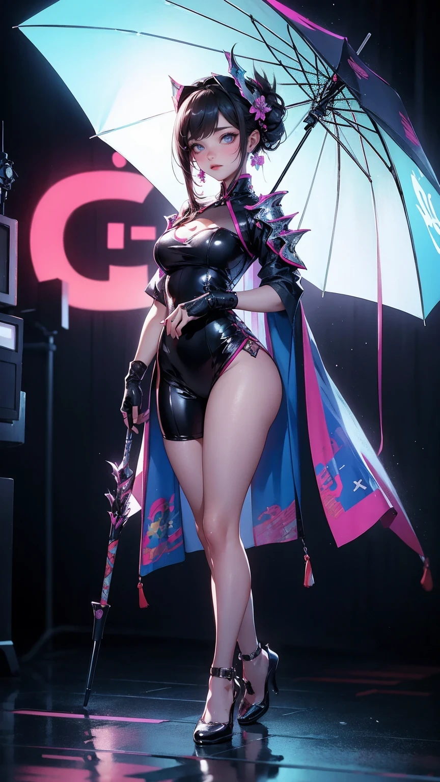 masterpiece,best quality,1girl,right hand in waist,azur lane al azuma,\(herrscher of finality\),solo,full body,pale skin,black hair,full body,full body black swinsuit,+ +,tight black collant,(((big breasts))),closed mouth,((serious expression)),bronze high heels, (((holding a great black axe))), three floating black skulls engulfed in green fire, ((fantasy character)), anime character sheet