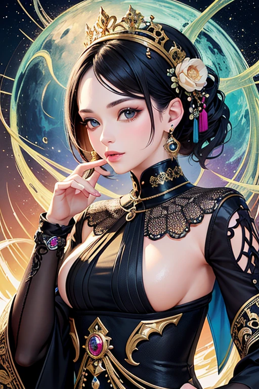 master piece,highest quality,best quality,official art,(Cosmetology and aesthetics:1.2),1 girl,very detailed,(fractal art:1.3),very colorful,most detailed,bust,overlook,Images that combine virtual and real,dynamic viewing angle。