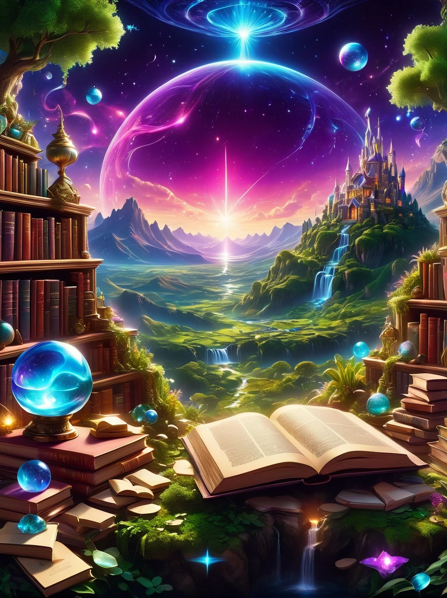 Magical World,Old and mysterious castle,Purple Stone,gemstone decoration,glowing plant,Silver Creek,Colored clouds,Strange Creatures,Huge Magic Library,Rich collection of books,Magic fluctuations,crystal ball,Distant galaxies,Field of magic,Studying Magicians,Glowing magic symbol,Land of dreams,Time and space distortion,A river of light,Enchanted garden, Ultrawideshot, Upview, KneeShot(KS), Full Length Shot(FLS), high detail, high resolution, hyperquality, detailed, Hyperrealism,