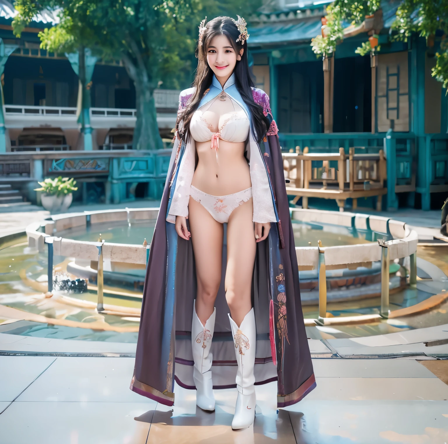 美麗的fantasy皇后, anime goddess, full body xianxia, ((美麗的fantasy皇后)), sweet smile，Sexy red bikini underwear，high-cut underwear，high cut underwear，Long-legged girl，put on boots，White boots，huge breasts，Put on your hat, Chinese Hanfu，fantasy服装, Sha Xi, ((美麗的fantasy皇后)), Put on the priest&#39;s cloak, full body purple cloak, 穿着fantasy服装, Anime girls cosplay look at the audience，facing the audience，Put your hands beside you,flowing long hair，Surreal 8000g，Impeccable，masterpiece，professional artwork，famous artwork，Light，movie bloom，perfect face，pretty face，fantasy，Dreamy and magical，not real，intricate details，Exquisite pattern