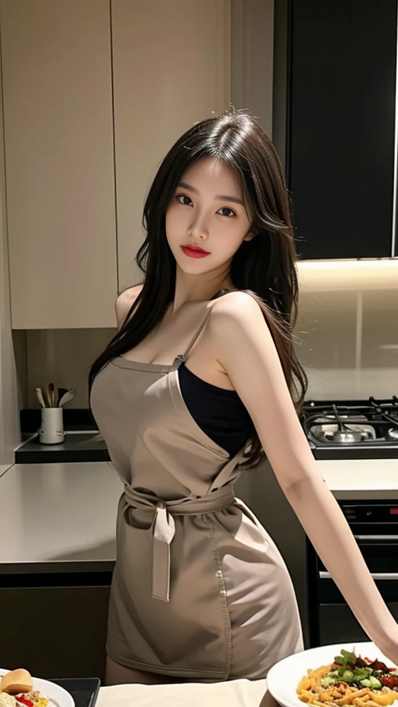 araffe woman in a tan dress preparing a meal in a kitchen, seductive camisole, satin, seductive lingerie camisole, wearing a camisole, open v chest clothes, white waist apron and undershirt, slender waist, exquisite and smooth detail, flat chested, lovely woman, waist - shot, close angle, gorgeous lady, sha xi