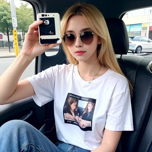 very beautiful young blonde girl in sunglasses,topic,himself,jeans 👖,White sneakers,takes a selfie 🤳