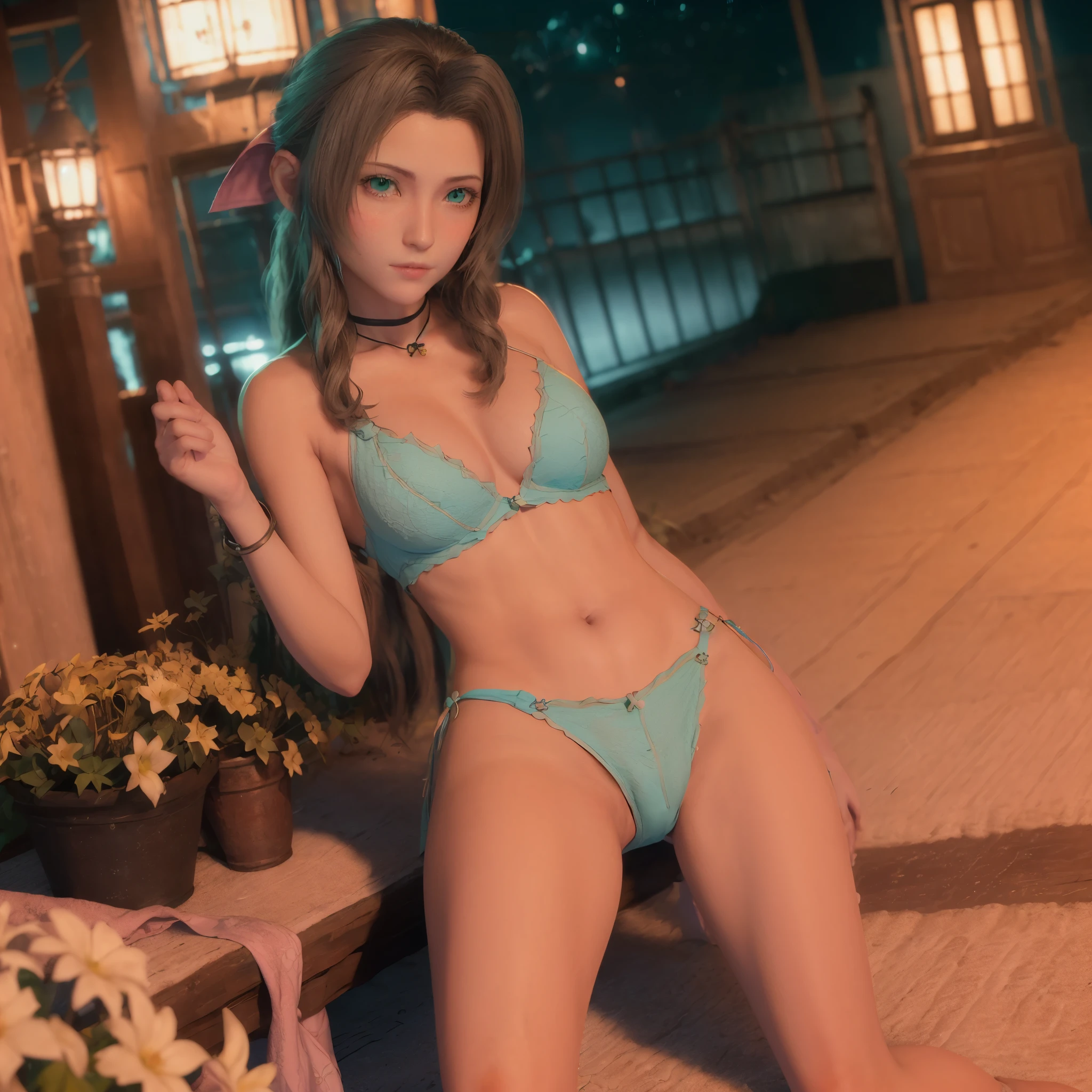 ((Fotorealistisch:1.4)),CG, Best quality, Meisterwerk, illustrbeiion,  extremely detailed ,extremely detailed CG unity 8k wallpaper, toll, fein detailliert,Best quality, unglaublich absurd,
extremely detailed beautiful detailed 1girl,aerith_Gainsborough,Allein,Full body shot, green light texture,Licht im Gesicht ,(rosa Longuette:1.2),lange Haare,Halskette,Schmuck,blackish-green eyes,Halten_Korb,Lippen,westerner, extremely detailed green eyes , (extremely detailed pupils:1.3), white underwear 
suchen_bei_Zuschauer,smile
,((Hintergrund,graden,Blumen,Firefly:1.2,Turquoise starry sky,galaxy, funkelnde Sterne,Dunkle Nacht:1.3,))