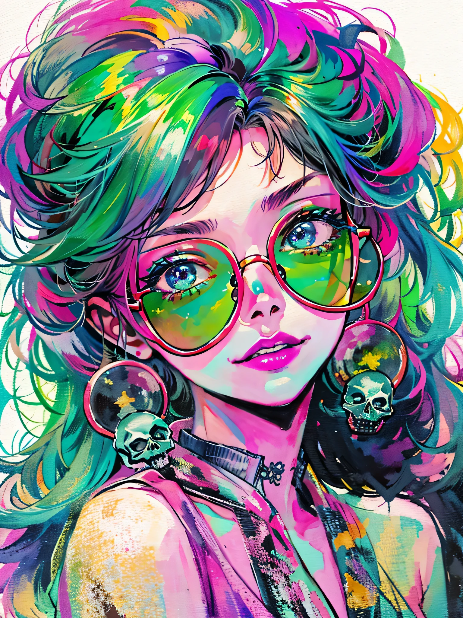 watercolor painting, 8K resolution、((highest quality))、((masterpiece))、((Super detailed))、1 female、alone、((incredibly absurd))、 (((most beautiful girl ever))), (((stylish glasses))), Lips in Love, skull fashion、neon、small breasts, (((Skull Doodle Art))), colorful hair, provocative