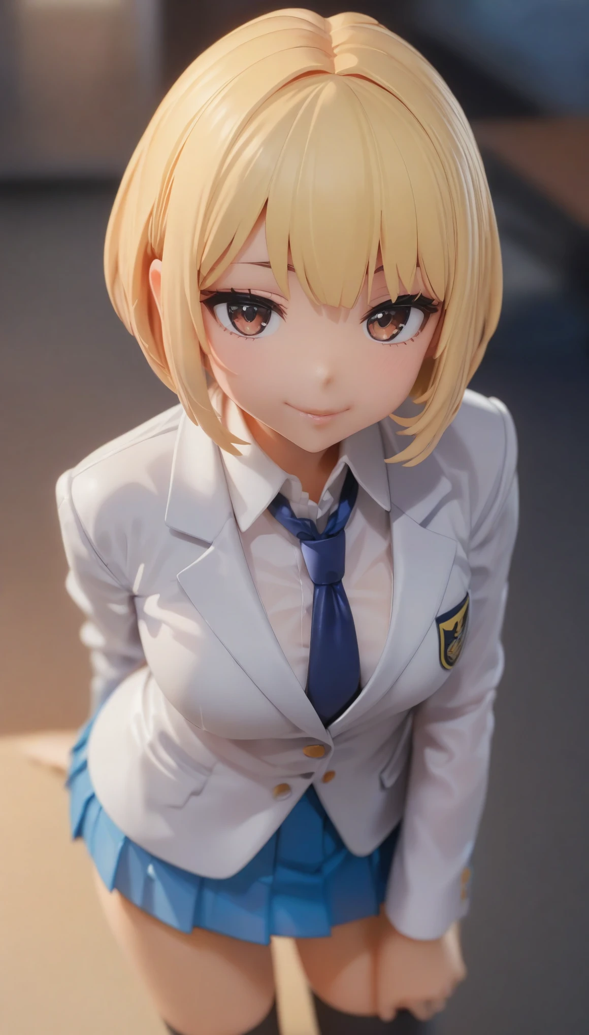 (highest quality, 4k, 8K, High resolution, masterpiece:1.2), Super detailed, PVC Style,(1 person, JK, , blazer, open the front, white shirt, blue tie, pleated skirt, mini skirt, black socks), (smile), glossy lips, soft lips, view audience, blonde, very short hair, cute, genuine, young beauty, close-up shot of face,