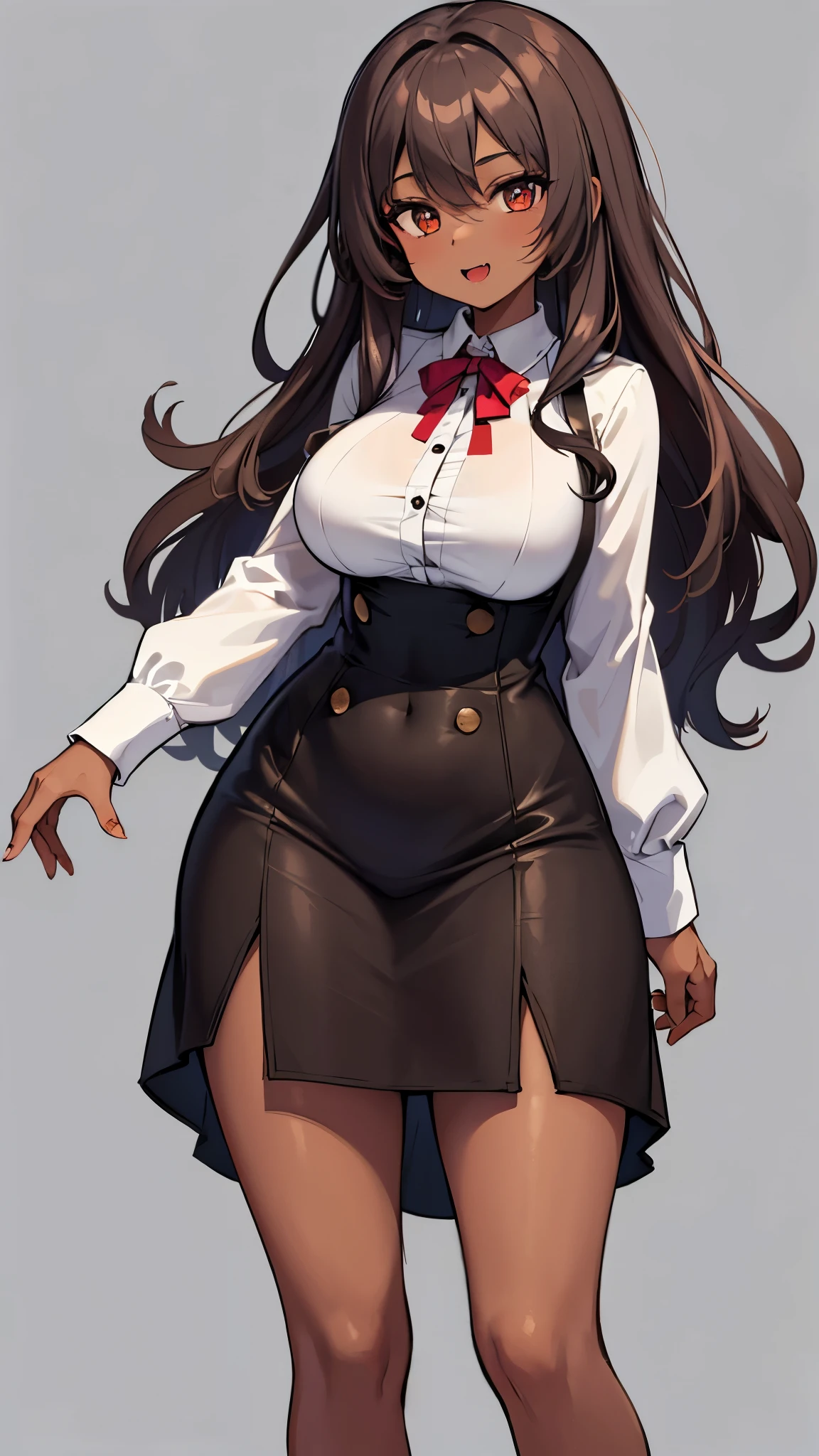 (highest quality, masterpiece:1.2), sketch full view of a hot looking dark brown skin 29 year old woman standing in front of us. She has brown eyes and long curly white hair. she has vampire fangs. she has a nice curvy physique. She is wearing a long-sleeved shirt dress with solid slim buttons. shadow background. sketch. shading. lit.