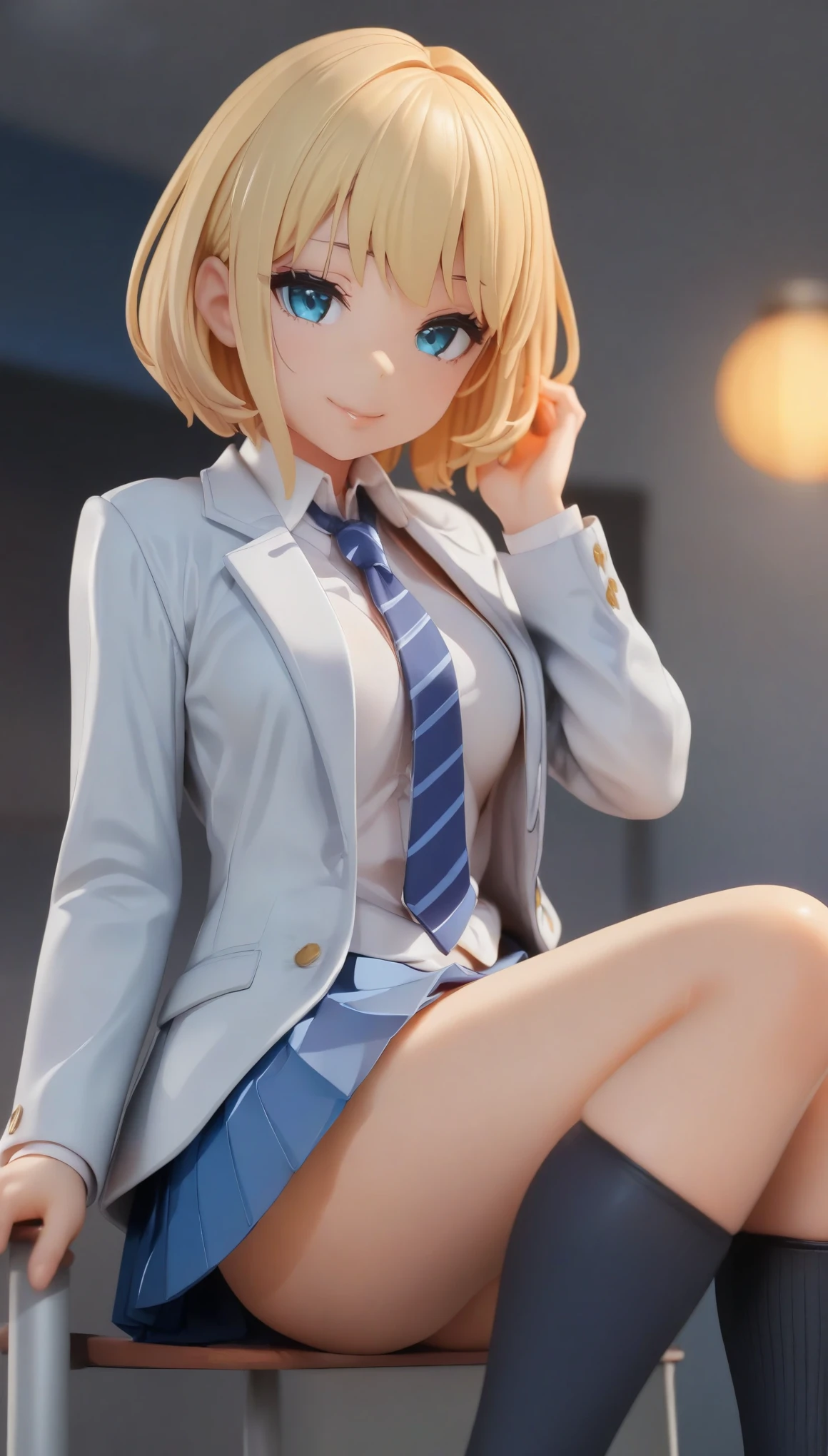 (highest quality, 4k, 8K, High resolution, masterpiece:1.2), Super detailed, PVC Style,(1 person, JK, , blazer, open the front, white shirt, blue tie, pleated skirt, mini skirt, black socks), (smile), glossy lips, soft lips, view audience, blonde, very short hair, cute, genuine, young beauty, close-up shot of face,