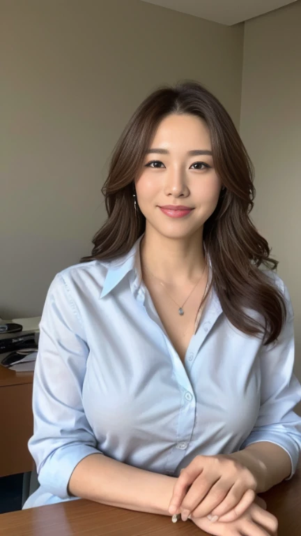 ((highest quality, 8K, masterpiece, portrait: 1.3)), (looking at the viewer), (full shot:0.85), attractive business mature woman, 1 person、 white collared shirt, gray skirt,((big breasts 2.2)) (big pelvis:0.3),((Plump 2.2))、 (officeの机にあぐらをかいて座っている)), smile:0.2, president'office,good posture、Brown medium hair、gentle smile、office、In the office、