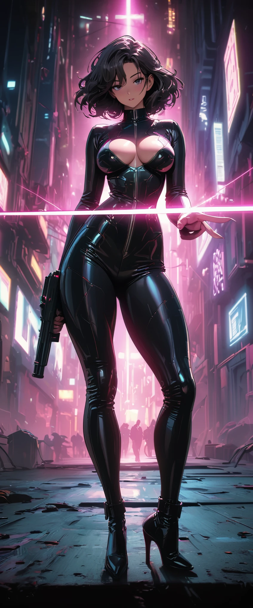 cyberpunk style,30-year-old mature and charming woman,Leather jumpsuit covers the whole body,full breasts,High-heeled leather shoes,Pointing a laser gun at me,open fire,(There are many small pieces of gravel floating in the air around me.:1.5),Beautiful,Glowing special effects,celluloid style,Flat coating,HD,CG art,comics,8K,looking into camera,high quality,illustration,Vaporwave style,rim light,movie lighting,Super detailed,complex,OC renderer,cinematic perspective,high resolution