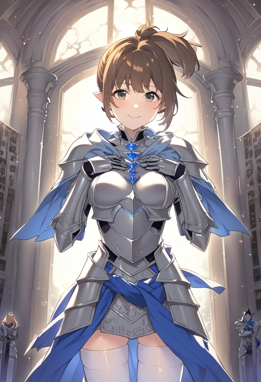 Cute Girl, Asuna, Asuna_(Star), (1 girl,alone) ,fantasy, high resolution, No. 19, The original, (Worn in a sheath around the waist:1.3), Smile, (white knight wizard cloak:1.55), short hair, medium breasts, looking at the audience, Bangs ,Delicate hazel eyes, beautiful background, ((morning sun,Western style private room)), Put your hands on your chest,(brown hair,short ponytail:1.5), (Platinum Knight Wizard Full Armor:1.55),short hair, permanent,direct, Abeke,(whole body:1.1), white stockings,(Abeke:1.4),