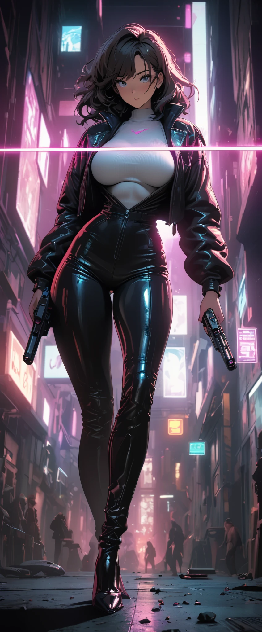 cyberpunk style,30-year-old mature and charming woman,Leather jumpsuit covers the whole body,full breasts,High-heeled leather shoes,Pointing a laser gun at me,open fire,(There are many small pieces of gravel floating in the air around me.:1.5),Beautiful,Glowing special effects,celluloid style,Flat coating,HD,CG art,comics,8K,looking into camera,high quality,illustration,Vaporwave style,rim light,movie lighting,Super detailed,complex,OC renderer,cinematic perspective,high resolution
