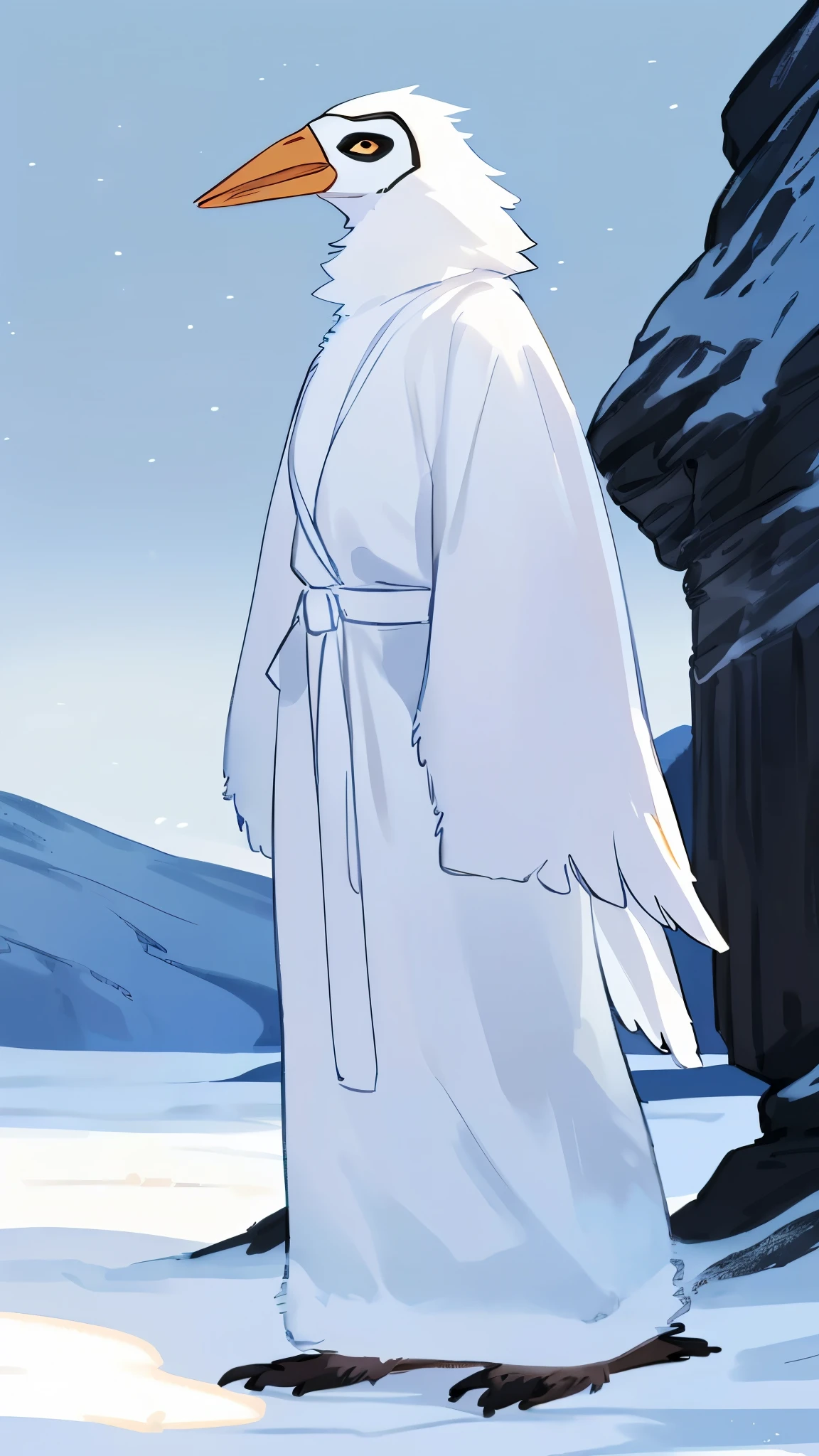 By bebebebebe, by lostgoose, by goonie-san, thin 20 foot tall humanoid creature, ((long white flowing yeti robe, bird stork mask, long white beak, long flowing plumage)), standing on a snowy plateau, on a snow-covered a siberian mountain, arctic, cryptozoology, overcast, moody, horror
