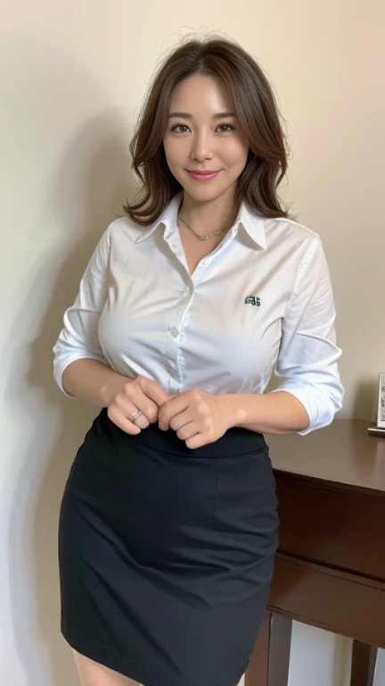 ((highest quality, 8K, masterpiece, portrait: 1.3)), (looking at the viewer), (full shot:0.85), attractive business mature woman, 1 person、 white collared shirt, gray skirt,((big breasts 2.2)) (big pelvis:0.3),((Chubby 1.3))、 (officeの机にあぐらをかいて座っている)), smile:0.2, president&#39;office,good posture、Brown medium hair、gentle smile、