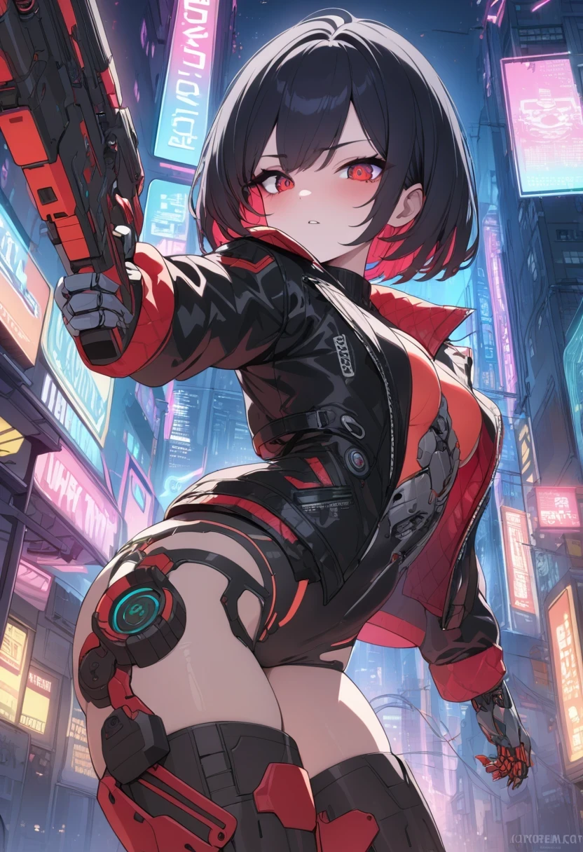 Cute Girl, masterpiece,(bestquality),highlydetailed,ultra-detailed,1 girl,(black and red tones),(mechanical),(cool),(biodesign),(cyborg),(biomechanics),long black hair with red highlights,(metallic skin),(glowing red eyes),(cybernetic limbs),(wires and tubes),(futuristic outfit),(leather jacket),(combat boots),(in a cyberpunk city with neon lights),(holding a gun),(looking confident and fierce)