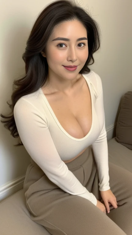 ((photograph))、((real photo)), (masterpiece, highest quality),hot ((mature woman)),Sitting on bed in bedroom,wide hips、big breasts,saggy breasts, (slicked back hair), long skirt, smile, face-to-face audience, cupboard, stove, window, Japanese、((plump 1.4))、(((plump mature woman1.4)))、((big breasts1.8))、bbw, eyes half closed、 Put your hands together and place them between your thighs、gentle smile、Brown hair semi-long hair、