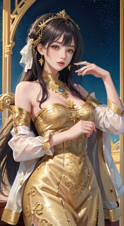 (masterpiece, highest quality, highest quality, official art, beautiful and aesthetic:1.2), (1 girl), very detailed,colorful,most detailed, official art, unity 8k wallpaper, super detailed, beautiful and aesthetic, beautiful, masterpiece, highest quality, (zentangle, mandala, tangle, entangle) ,holy light,gold foil,gold leaf art,glitter drawing, Perfect Nwsj Seriously
